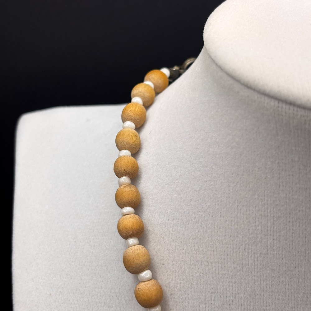 Vintage Yellow Agate Style Pendant Necklace Wood Bead Shell Chip Boho Statement - Picture 9 of 13